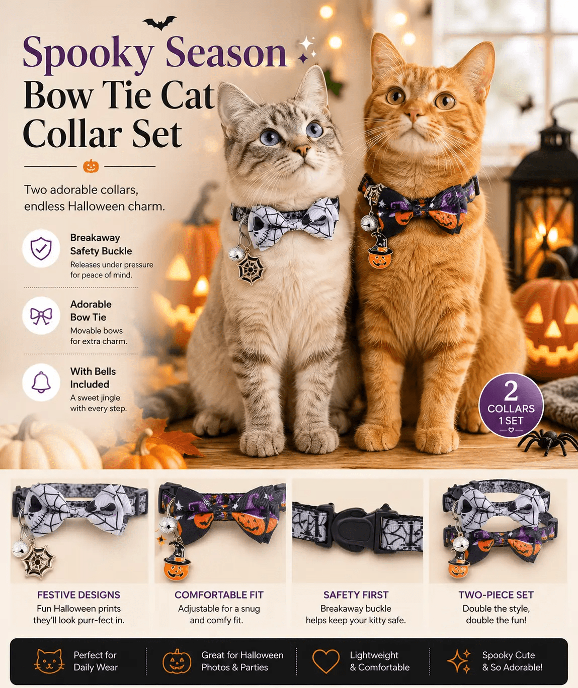 Halloween Cat Collar Breakaway with Cute Bow Tie and Bell for Kitty Adjustable Safety - from For Animals, With Love