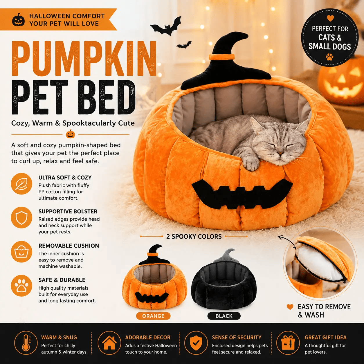 Pumpkin Pet Bed — Cozy Halloween Cave for Cats & Small Dogs - from For Animals, With Love