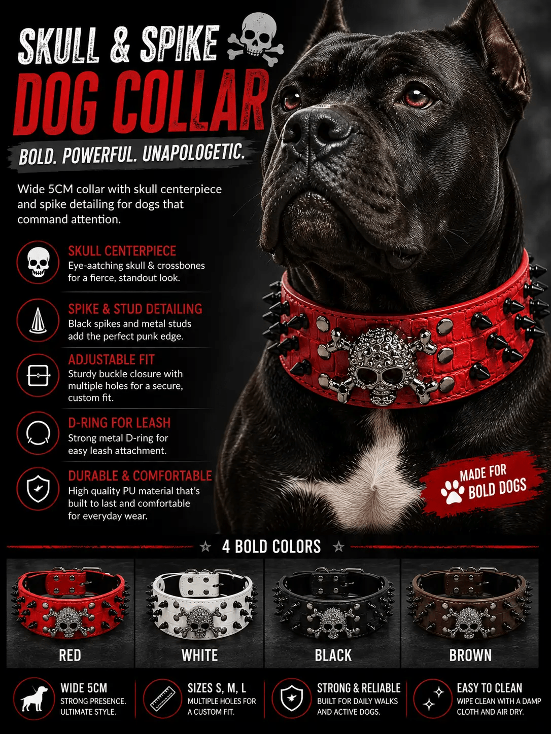 Skull & Spike Dog Collar — Wide Punk-Style Collar - from For Animals, With Love