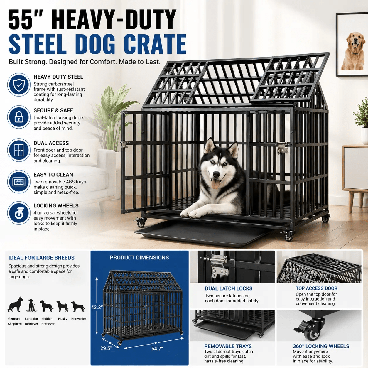 55” Heavy-Duty Steel Dog Crate — XL Kennel with Locking Wheels - from For Animals, With Love