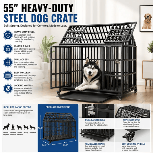 55” Heavy-Duty Steel Dog Crate — XL Kennel with Locking Wheels - from For Animals, With Love