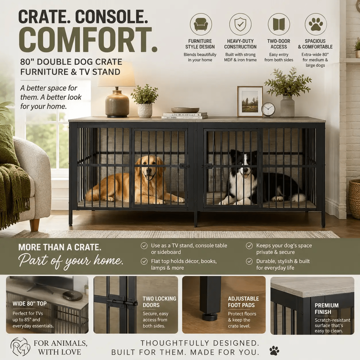 80 Dog Crate End Table, Heavy Duty 2-Door Indoor Pet Kennel, Multipurpose Dog House Furniture As TV Stand Or Side Table For Living Room, Large & Medium Dogs, Grey. - Animals & Pet Supplies from For Animals, With Love