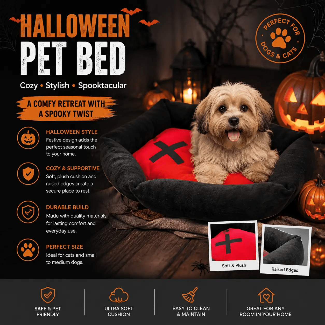 Halloween Pet Bed — Cozy Seasonal Bed for Dogs & Cats - Animals & Pet Supplies from For Animals, With Love