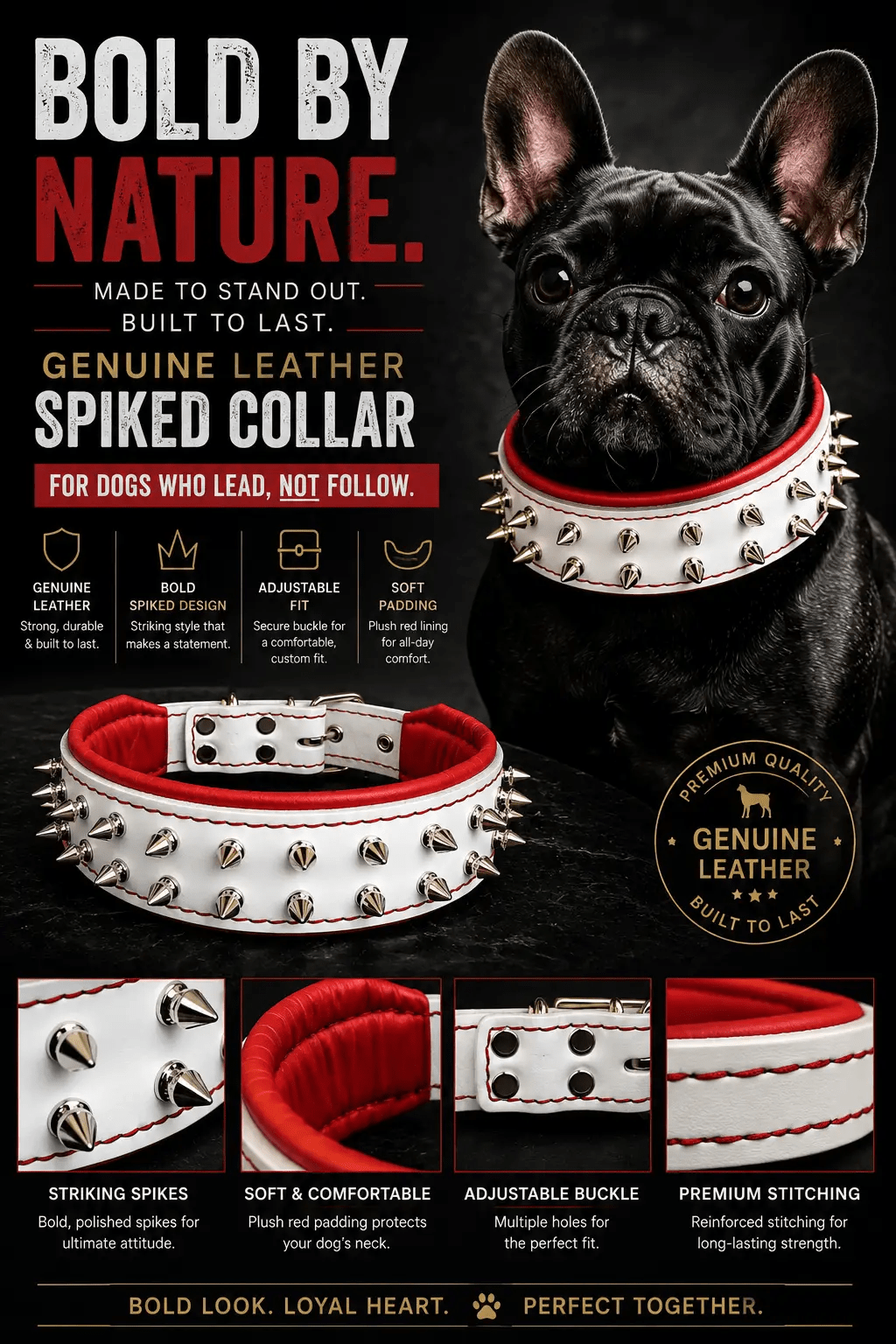 The Frenchie White & Red Spiked Leather Dog Collar - Pet Collars & Harnesses from For Animals, With Love