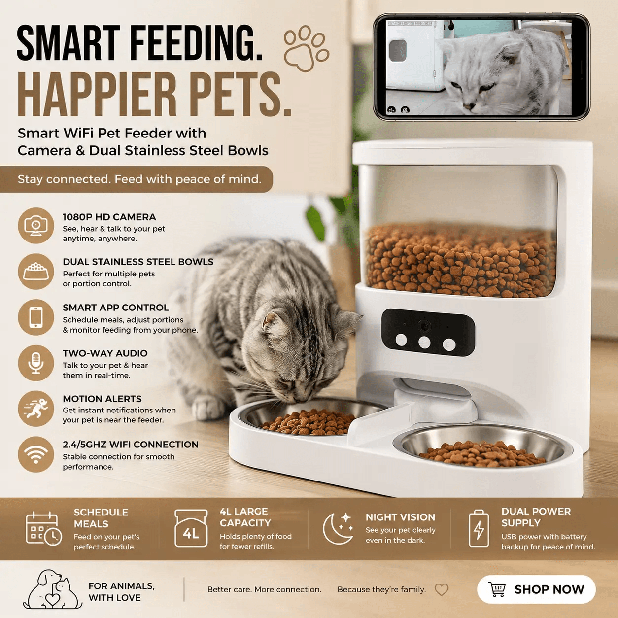 Smart Automatic Cat Feeder With Camera And Dual Stainless Bowls - from For Animals, With Love