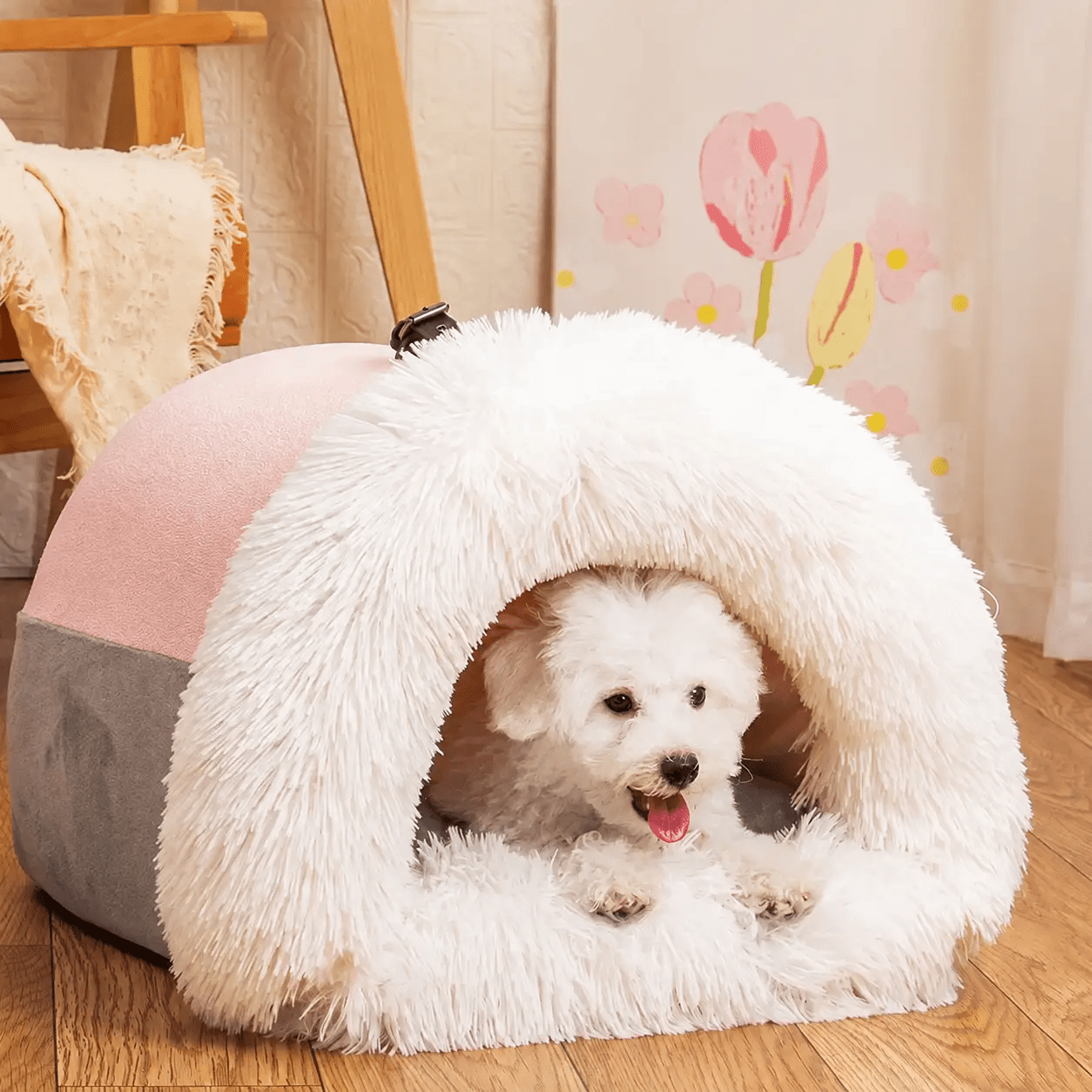 Cozy Haven Plush Pet House cave bed in white fluffy fabric with pink top and gray base, for cats and small dogs.