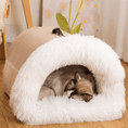 Charger l'image dans la visionneuse de la galerie, Cozy Haven Plush Pet House cave-style bed in beige with a white fluffy rim; cat sleeping inside.
