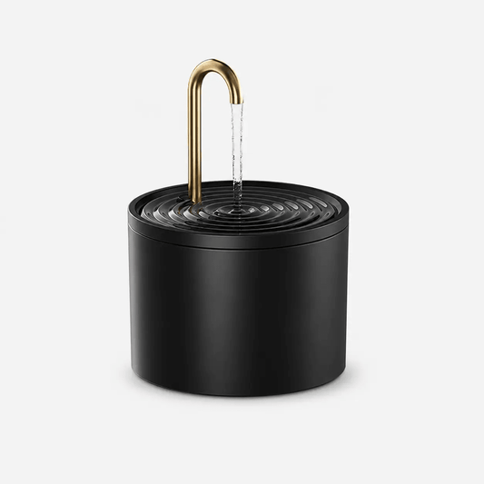 Cat Automatic Circulating Water Fountain 1.2L, black cylindrical base with a gold curved spout and flowing water.