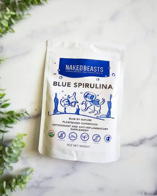 Blue Spirulina Powder pouch by Naked Beasts, Organic, on marble countertop
