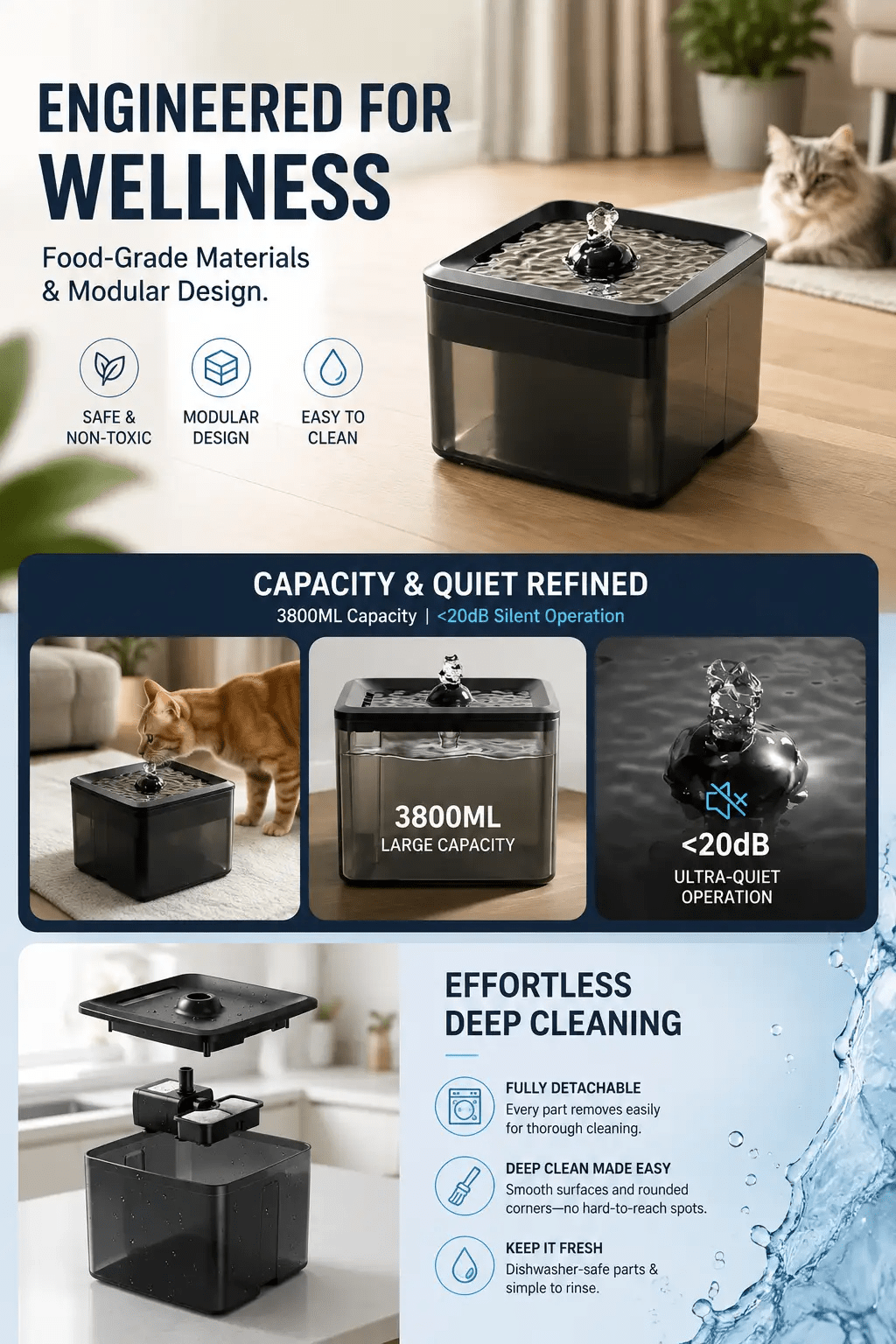 3.8L Ultra-Quiet Pet Water Fountain for Cats & Dogs by For Animals, With Love; black plastic body.