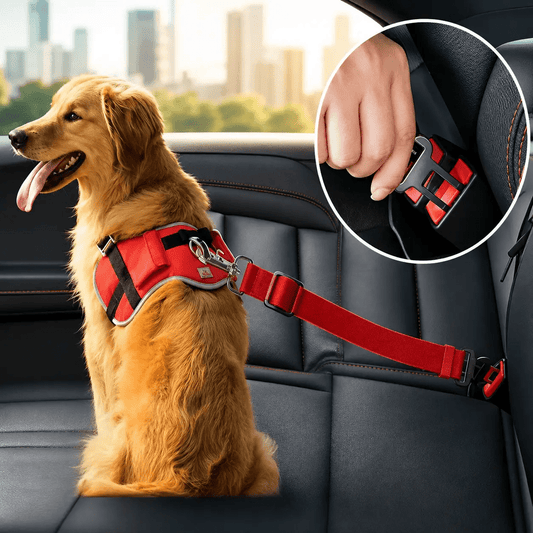 Adjustable pet car seat belt tether in red attached to a golden retriever harness inside a car