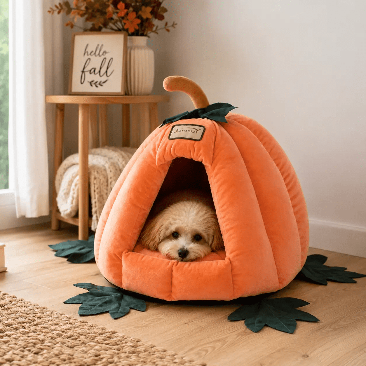 Orange Plush Pumpkin Pet Bed by For Animals, With Love with green leaf accents and a small dog inside.
