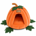 Bild in Galerie-Betrachter laden, Orange plush pumpkin pet bed with green leaves and stem, Amarkat label.
