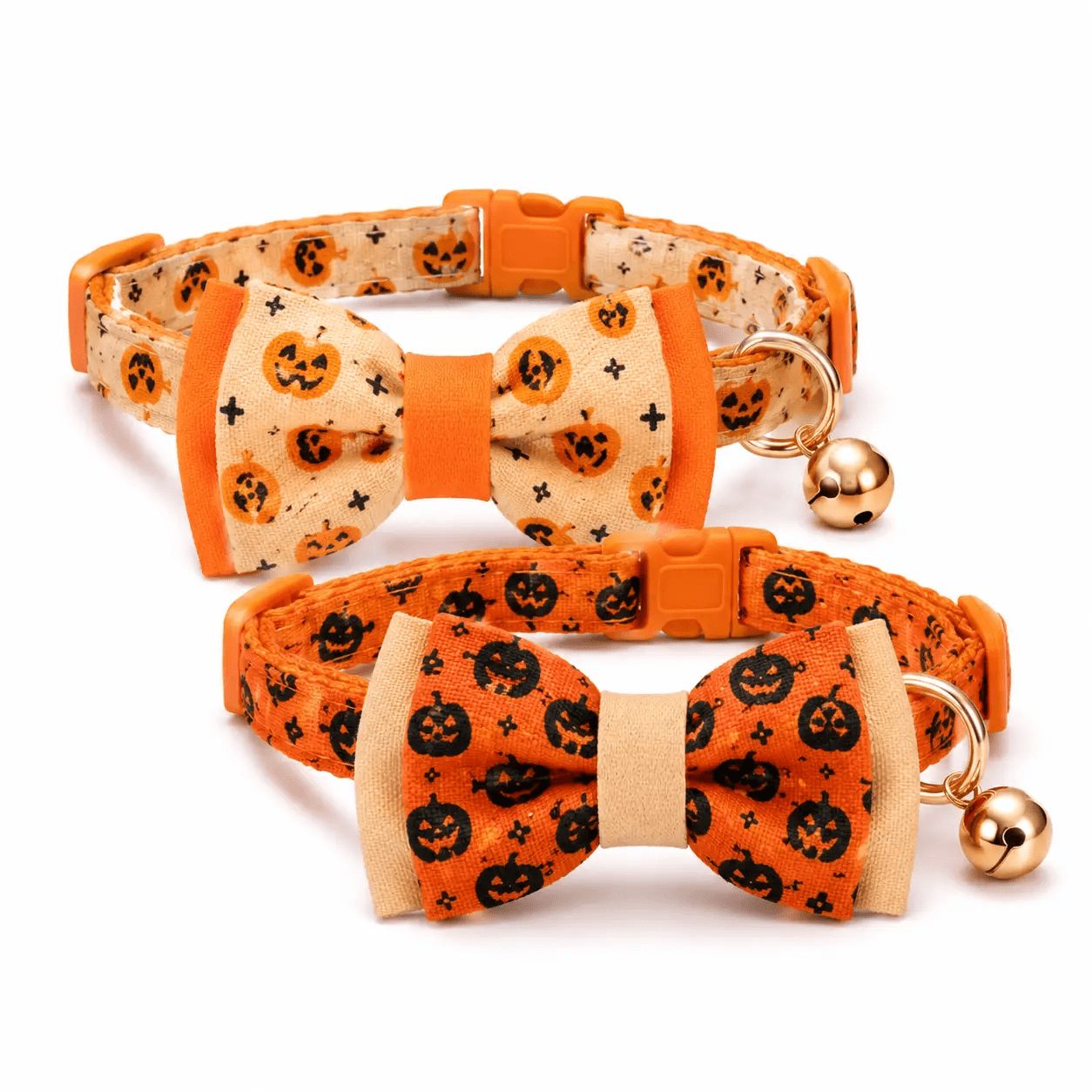 Pumpkin Patch Bow Tie Cat Collar Two-Piece Set, orange breakaway collars with pumpkin pattern by For Animals, With Love