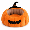 Charger l'image dans la visionneuse de la galerie, Pumpkin pet bed cave in orange plush with beige interior and black jack-o-lantern face
