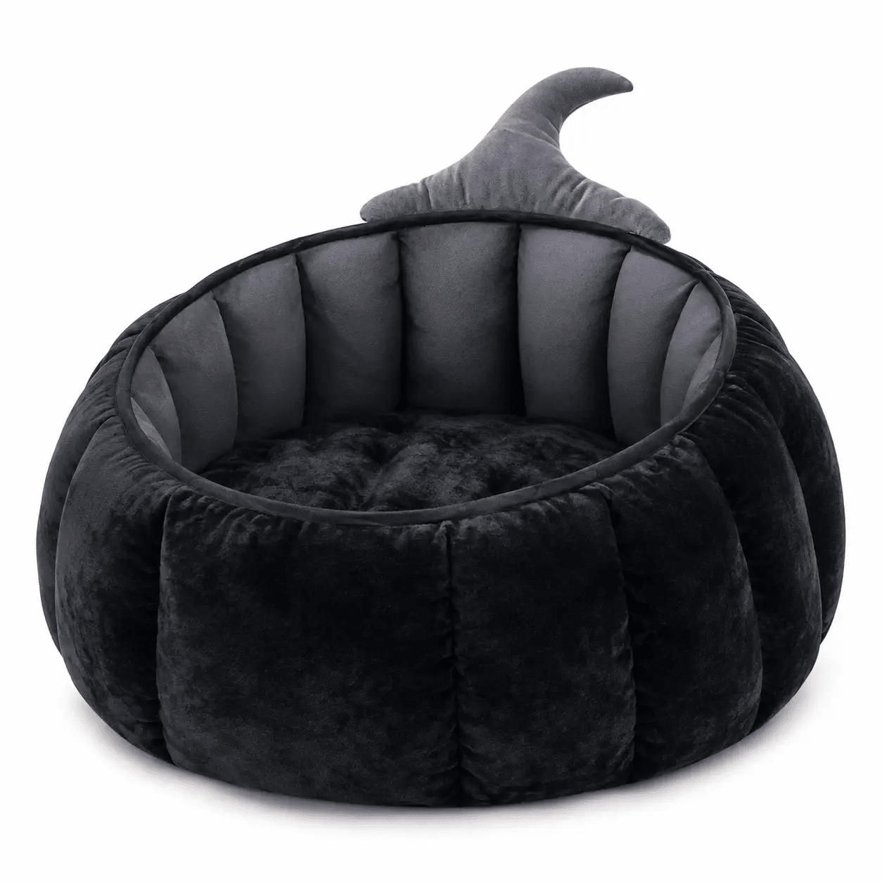 Pumpkin Pet Bed — black plush cave for cats and small dogs