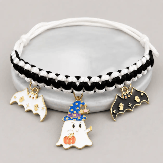 Halloween Hand-woven Pet Collar Decoration with black-and-white braided band and gold-tone ghost and bat charms
