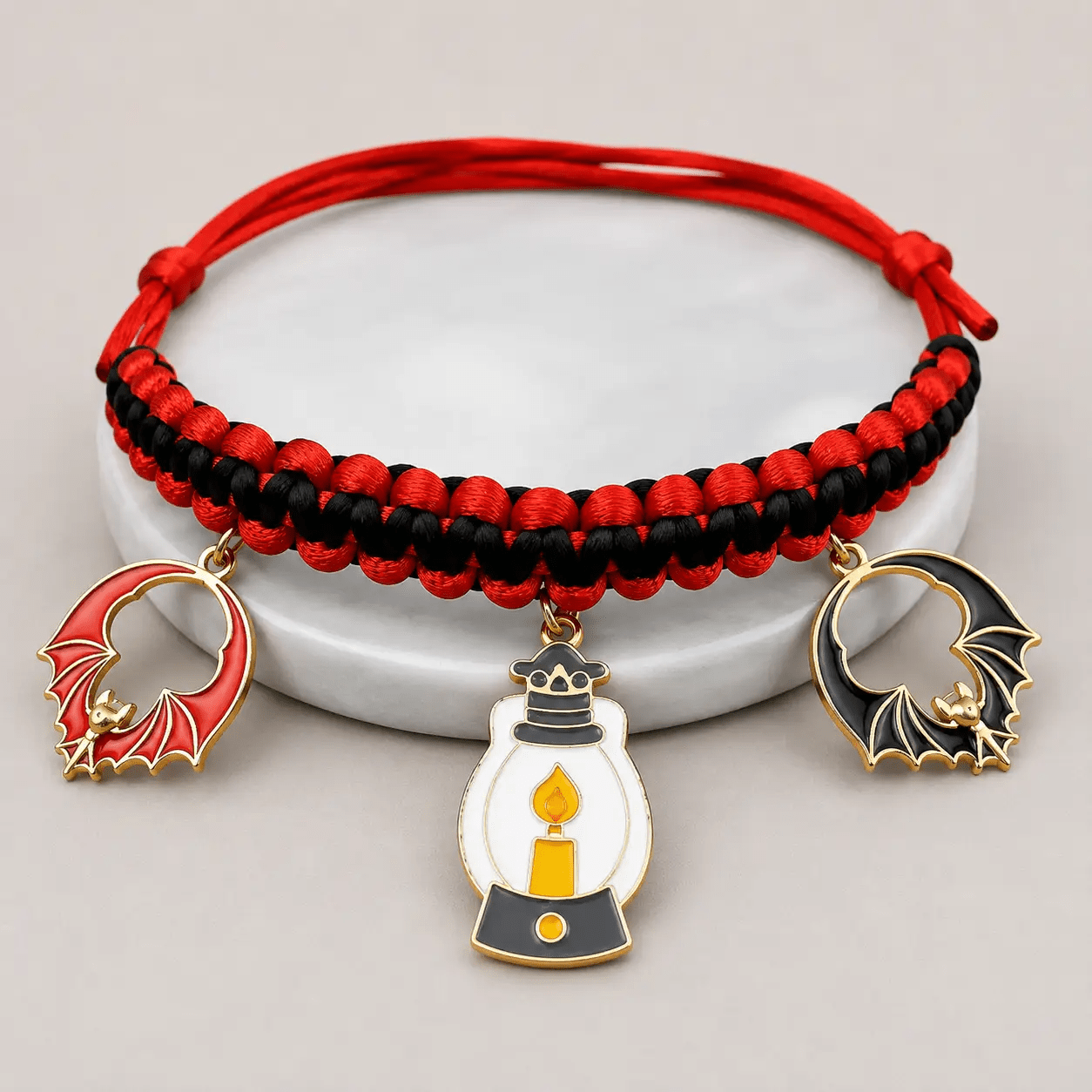 Halloween hand-woven pet collar decoration on red and black cord with three charm pendants