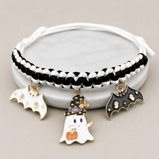 Halloween hand-woven pet collar decoration, black-and-white braided band with 3 charms (ghost, white bat, black bat).