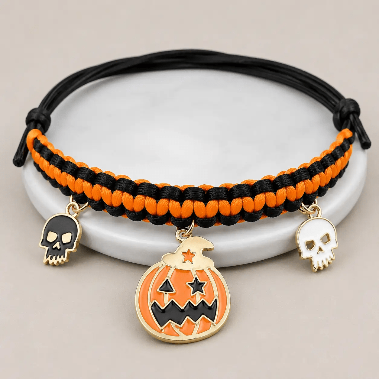 Halloween hand-woven pet collar decoration; black/orange braided band with three charms: pumpkin and two skulls.