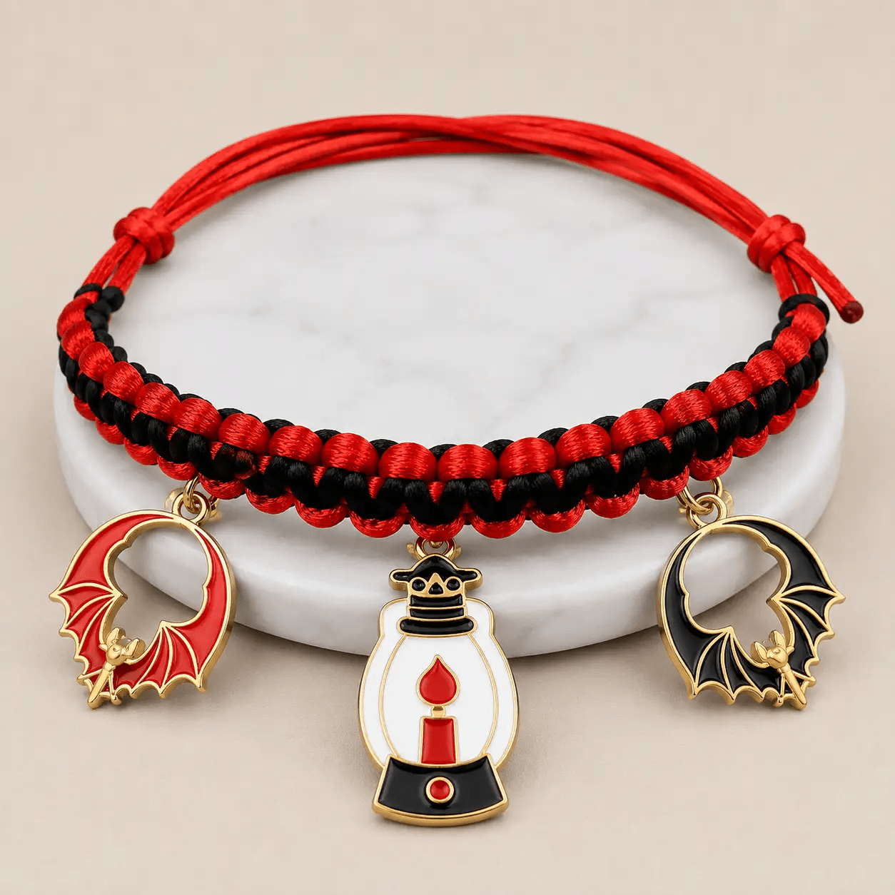 Halloween hand-woven pet collar decoration with red and black cord and three gold-tone charms