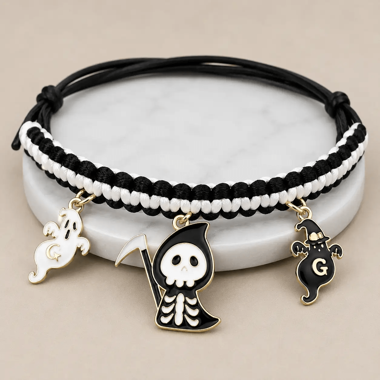 Halloween Hand-woven Pet Collar Decoration; black and white cord with 3 charms: ghost, skeleton, witch