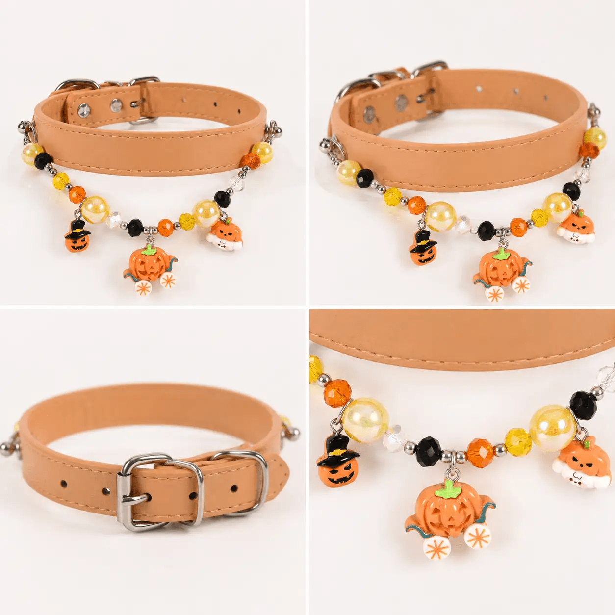 Halloween Beaded Charm Pet Collar; tan leather with orange, yellow, black beads and pumpkin charms