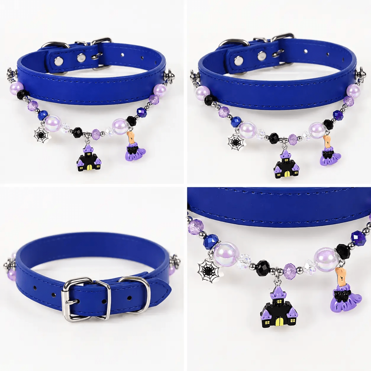 Halloween Beaded Charm Pet Collar with blue strap and bead charm strand featuring spiderweb and haunted house charms.