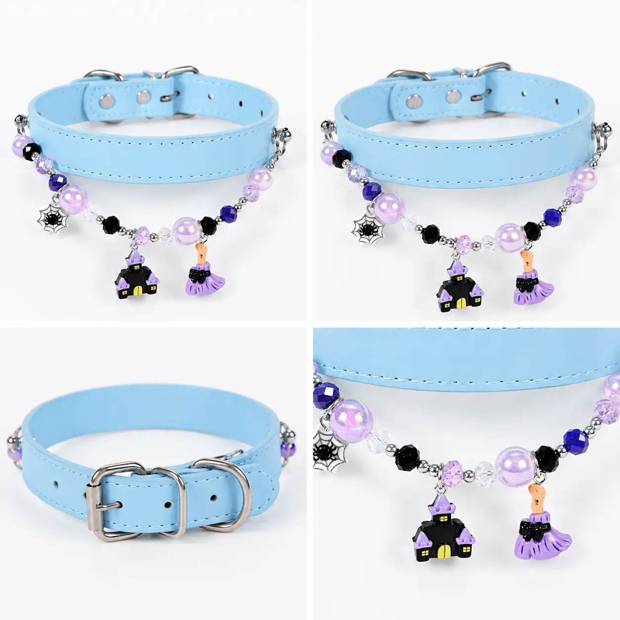 Halloween Beaded Charm Pet Collar, light blue with purple and black bead charms by For Animals, With Love.