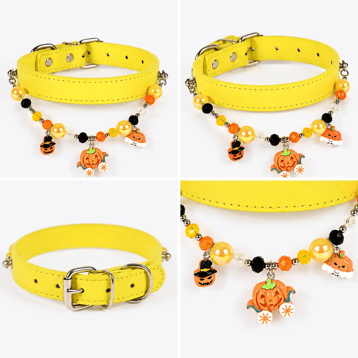 Halloween Beaded Charm Pet Collar, bright yellow adjustable collar with orange, black beads and pumpkin charms