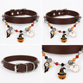 Carica l'immagine nel visualizzatore della galleria, Halloween Beaded Charm Pet Collar, brown leather with colorful beads and ghost and pumpkin charms
