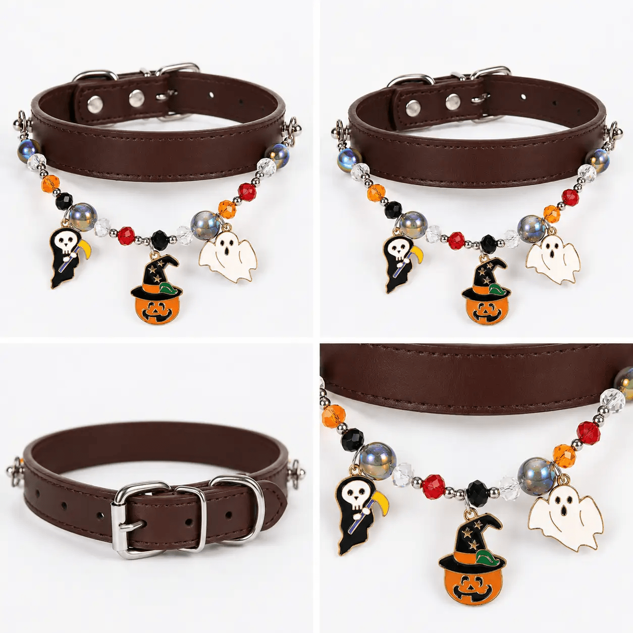 Halloween Beaded Charm Pet Collar, brown leather with colorful beads and ghost and pumpkin charms