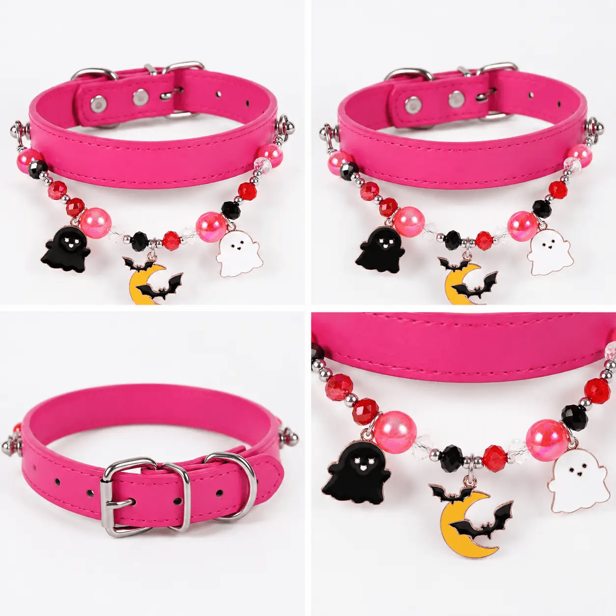 Halloween Beaded Charm Pet Collar from The Halloween Edit, pink faux leather with charms by For Animals, With Love.