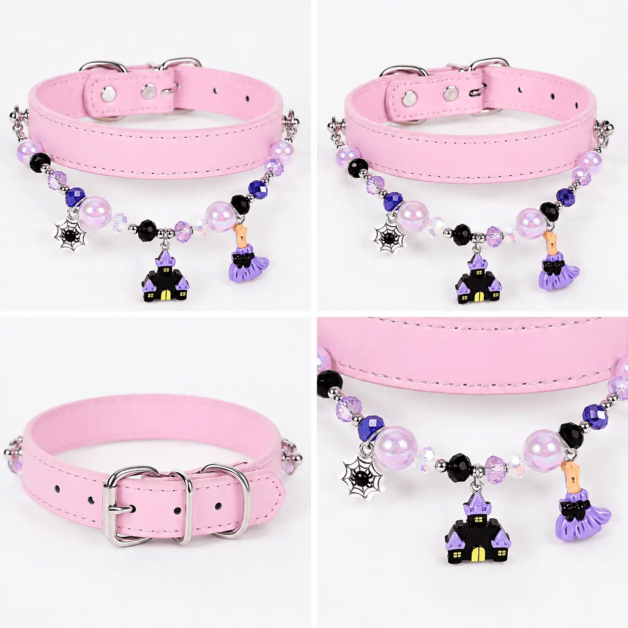 Halloween Beaded Charm Pet Collar from The Halloween Edit by For Animals, With Love; pink strap with beaded charms.