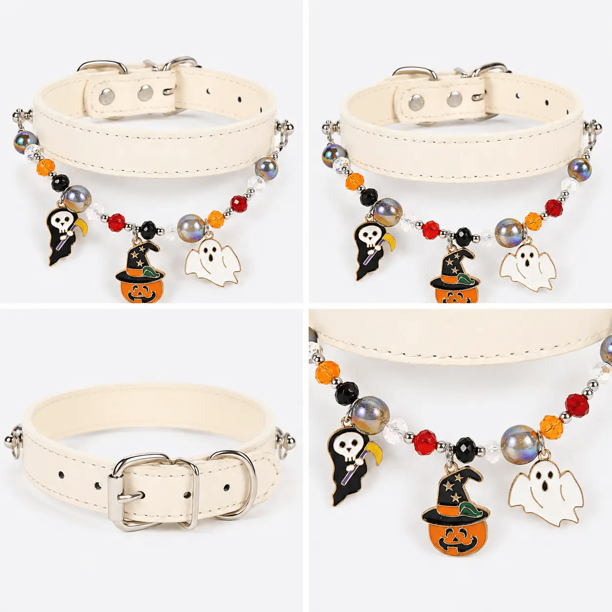 Halloween Beaded Charm Pet Collar, cream-colored faux leather with colorful beads and ghost, pumpkin, witch charms