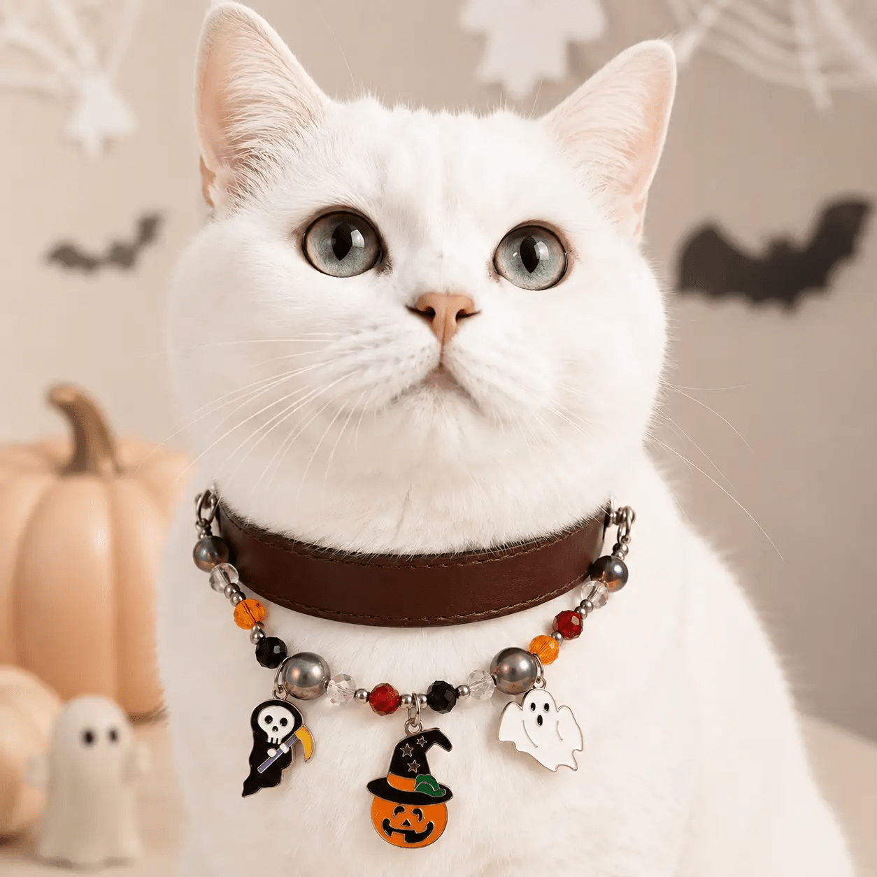 Halloween Beaded Charm Pet Collar by For Animals, With Love; brown leather band with colorful beads and Halloween charms