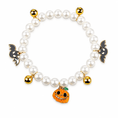 Load image into Gallery viewer, Halloween pet collar with charms featuring pearls, pumpkin charm, and bat designs.
