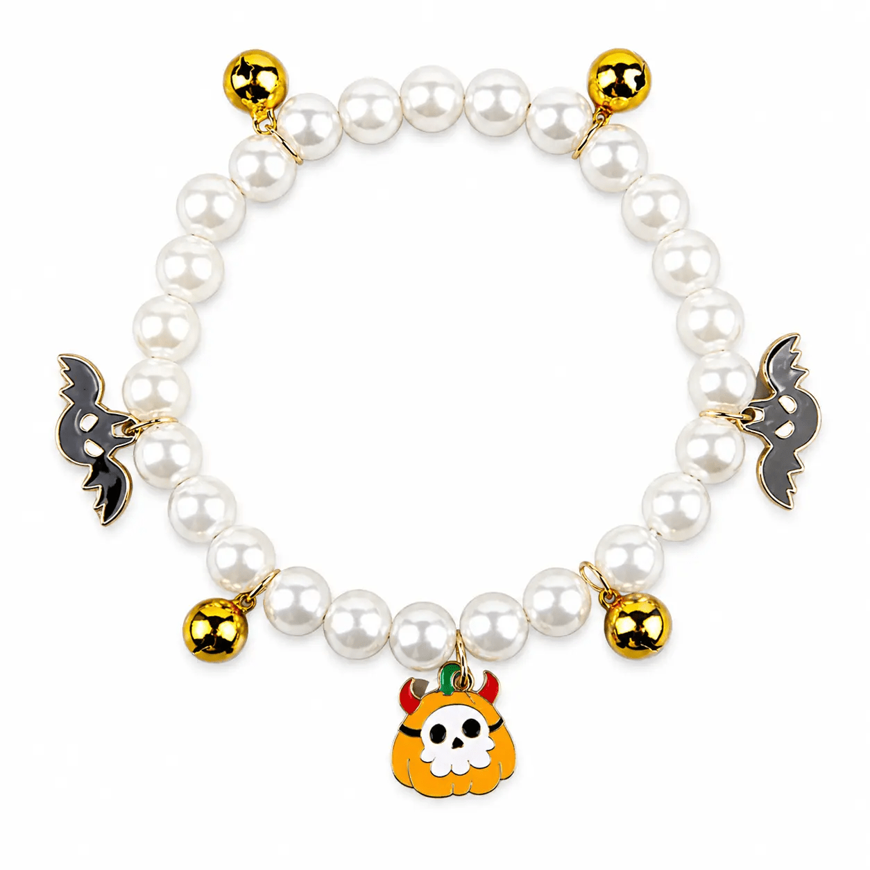 Halloween pet collar with charms featuring glossy pearls and playful gold-tone bells.