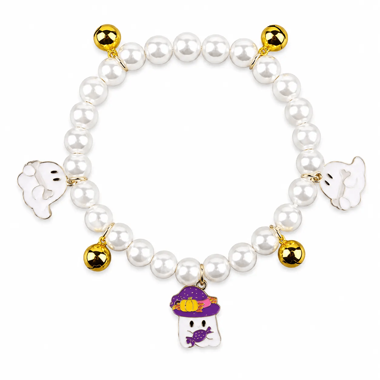 Halloween pet collar with charms featuring pearl beads and playful ghost charms.