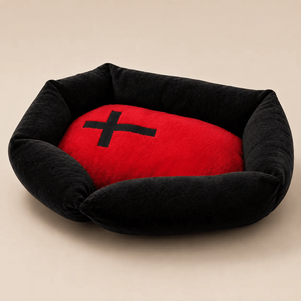 Halloween Cozy Plush Fabric Pet Bed for Small Dogs and Cats, black outer frame with red cushion and black cross