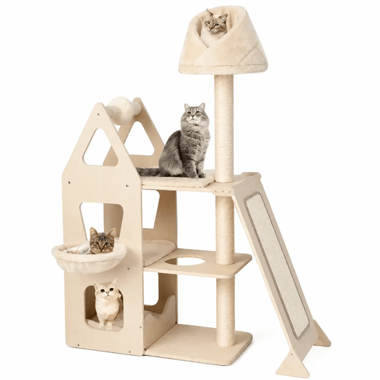 Multi-Level Cat Tree beige with sisal post and plush perches, featuring 3 cats