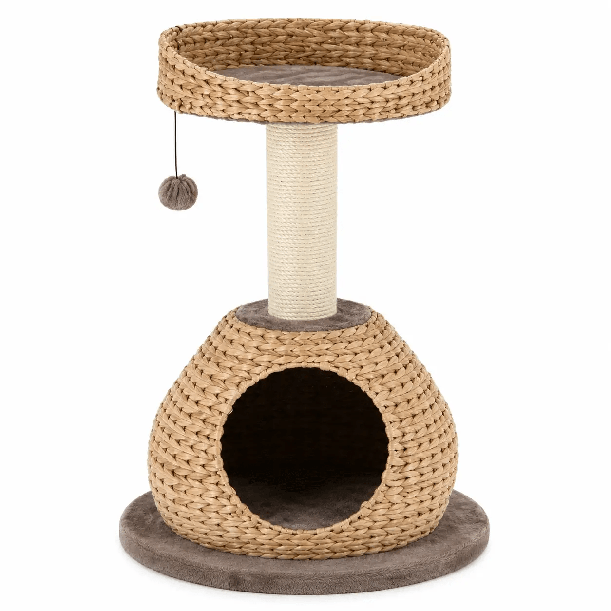 28-inch hand-made cat tree tower, coffee wicker with sisal rope post, jump platform, pom-pom toy.