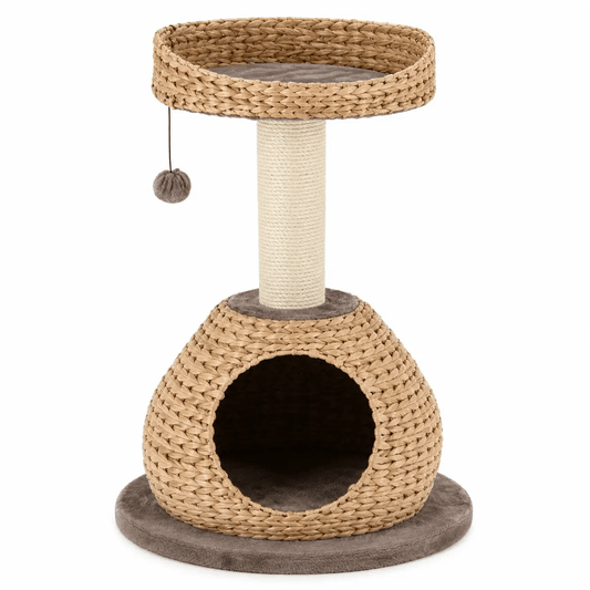 28-inch hand-made cat tree tower, coffee wicker with sisal rope post, jump platform, pom-pom toy.