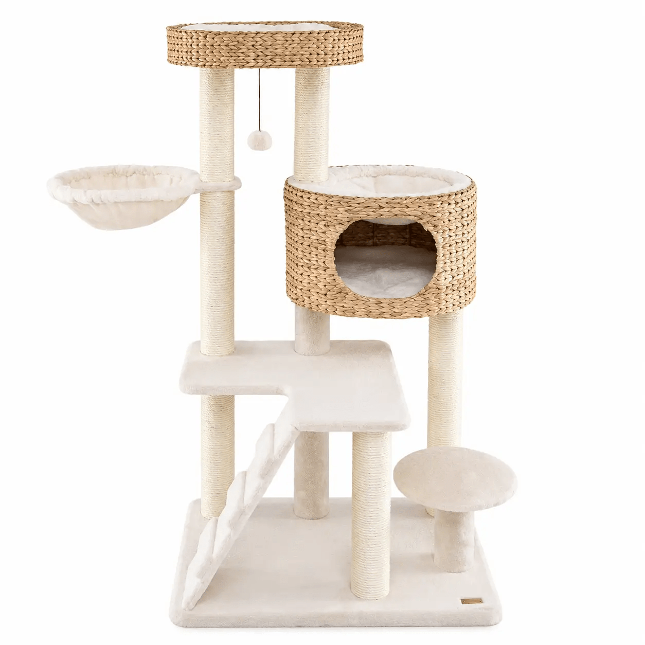 Modern Cat Tree for Indoor Cats with Cattail Fluff Condo and Top Perch in natural beige