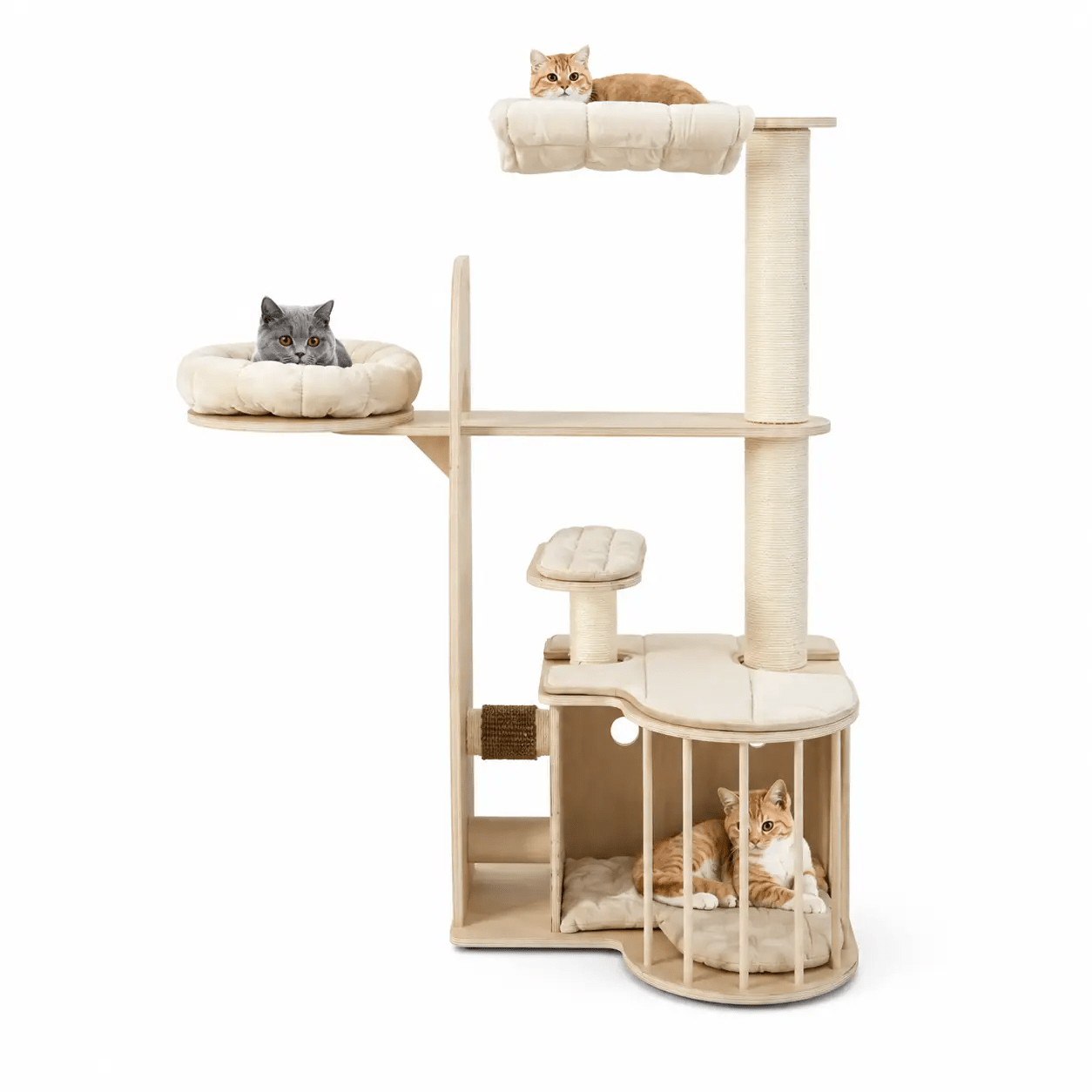 55 Inch Tall Multi-Level Cat Tree with Washable Cushions in natural wood finish by For Animals, With Love.