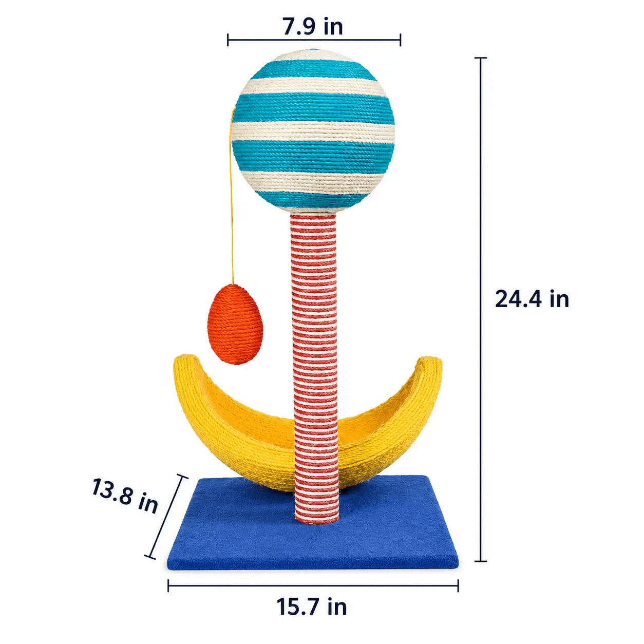 The Starry Teddy Velvet Sisal Cat Climbing Tower with blue striped top ball, red sisal post, yellow crescent perch.