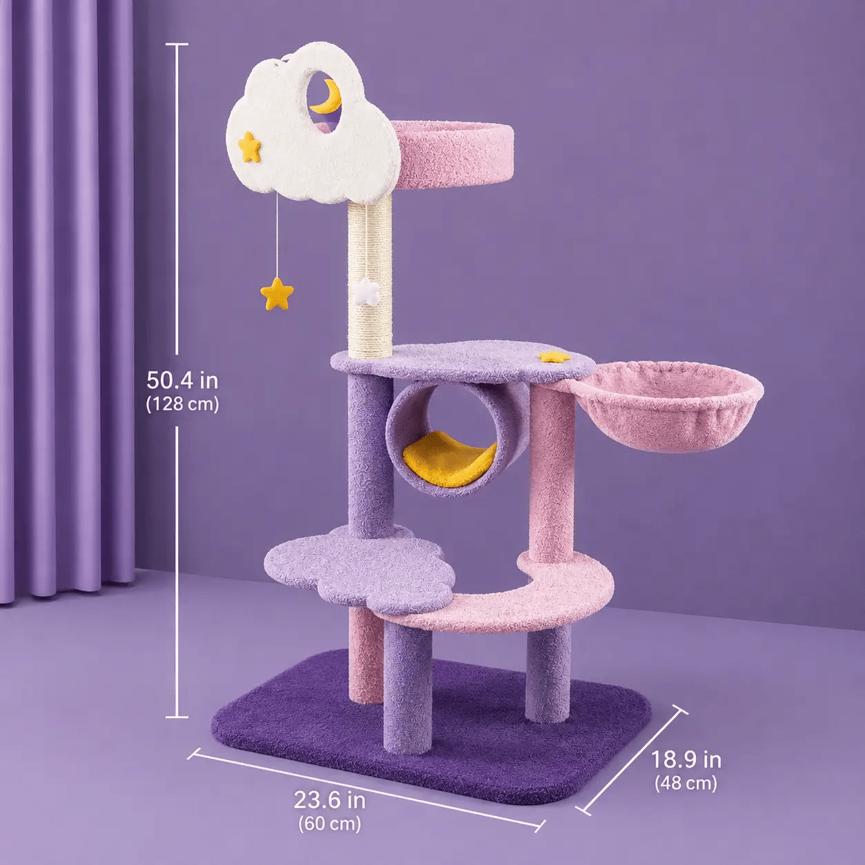 The Premium Purple Multi-Level Cat Tree by For Animals, With Love; purple and pink plush with cloud topper.