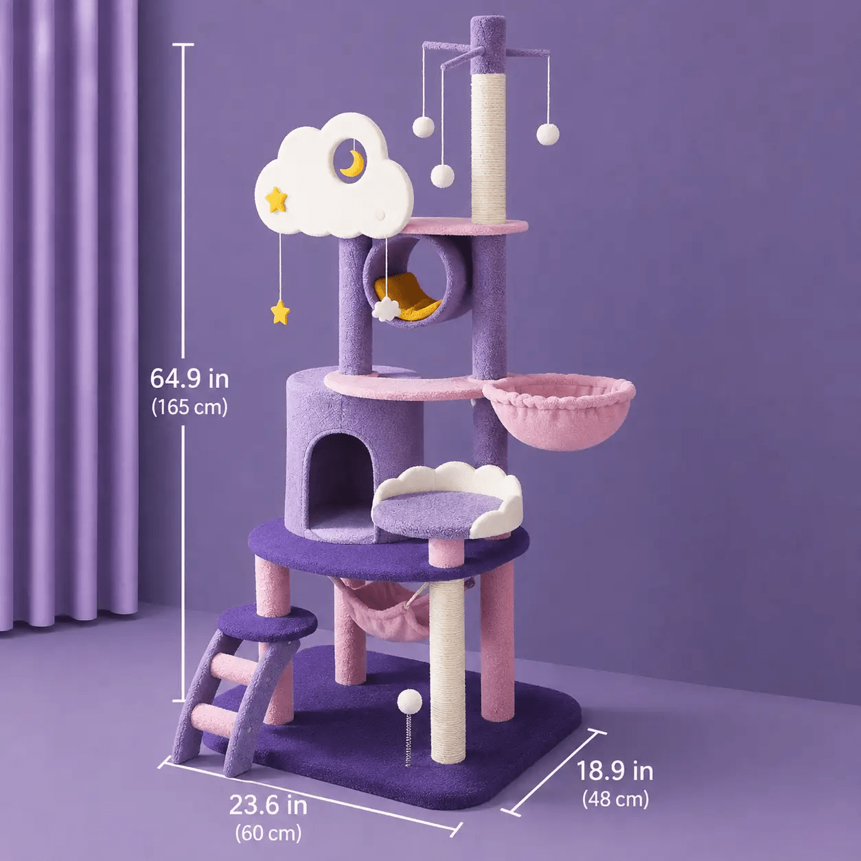 The Premium Purple Multi Level Cat Tree by For Animals, With Love; purple and pink multi-tier cat furniture with cloud decor.