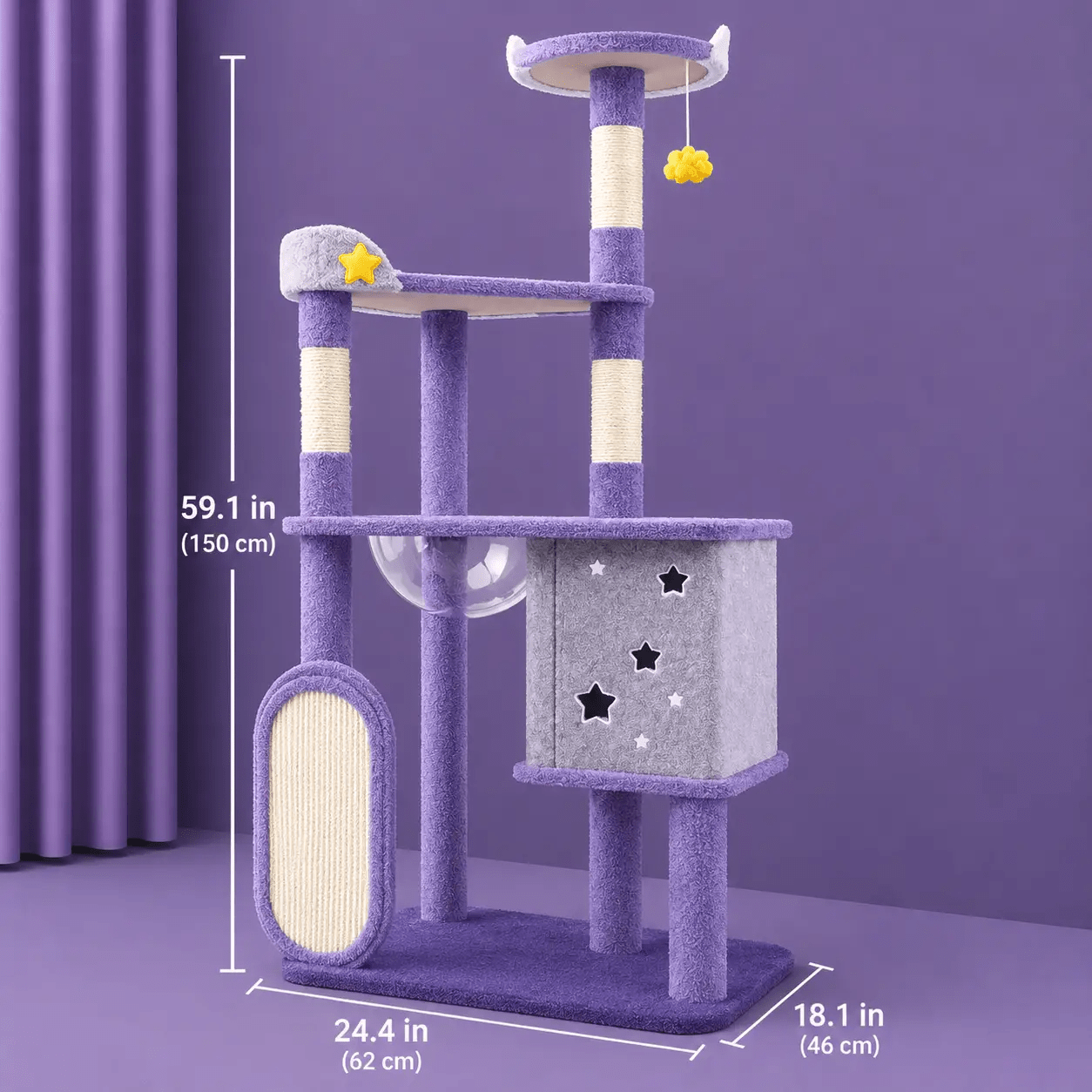 The Premium Purple Multi-Level Cat Tree with carpeted posts, a star-cutout cube, and a hanging pom-pom toy.