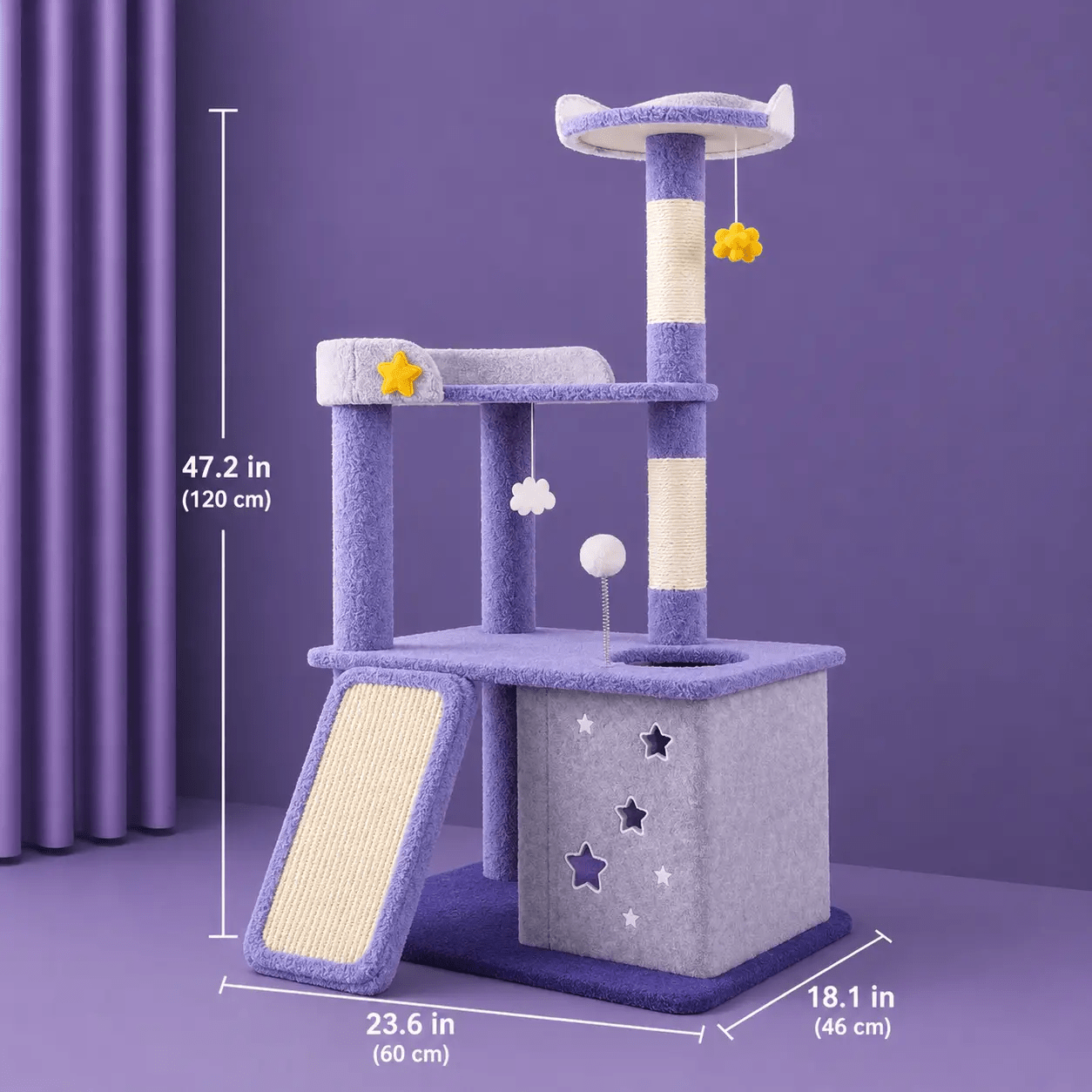 The Premium Purple Multi Level Cat Tree, plush purple fabric with a sisal ramp and dangling toys.
